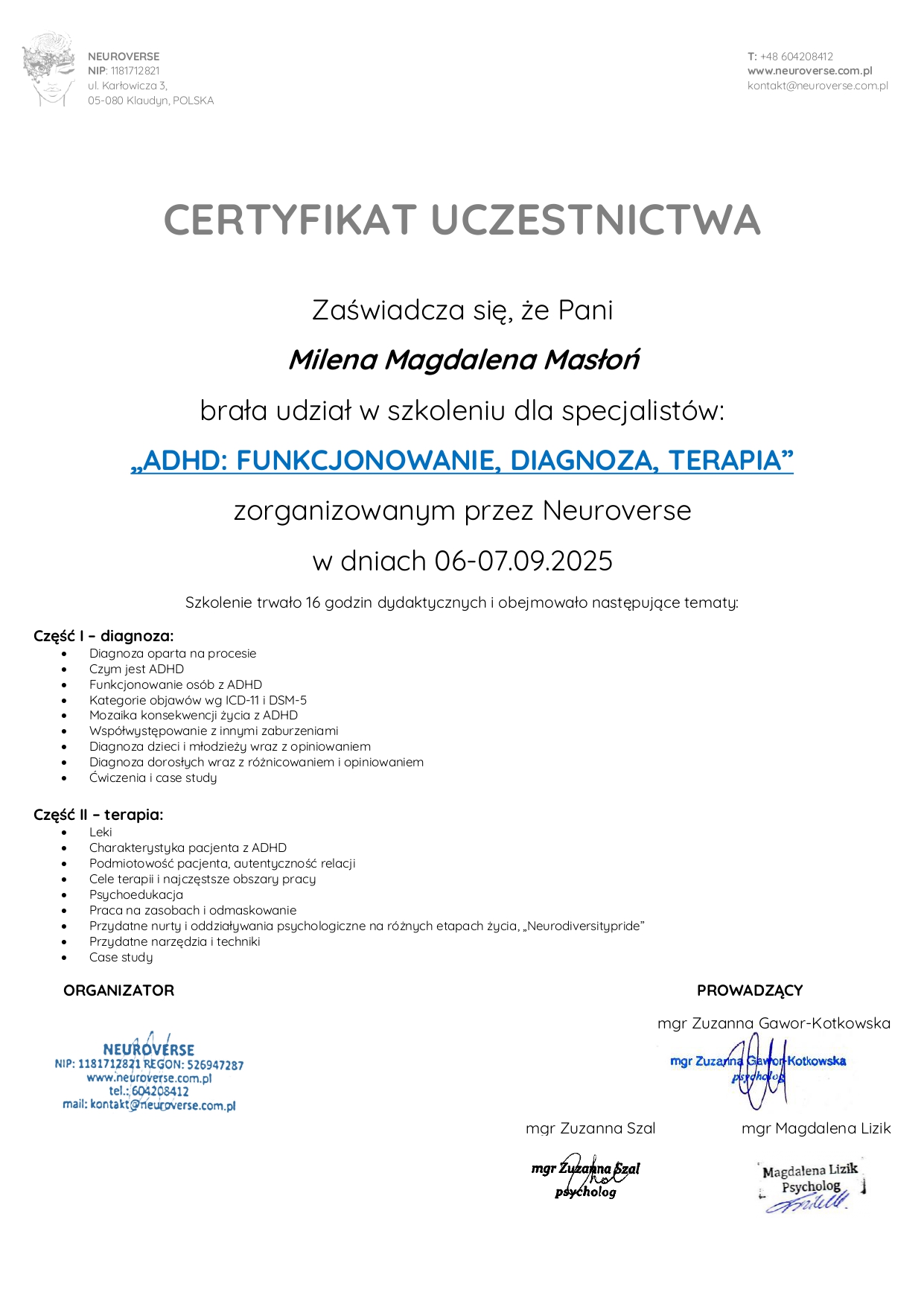 Certyfikat - Szkolenie Neuroverse ADHD - Milena Magdalena Masłoń_page-0001